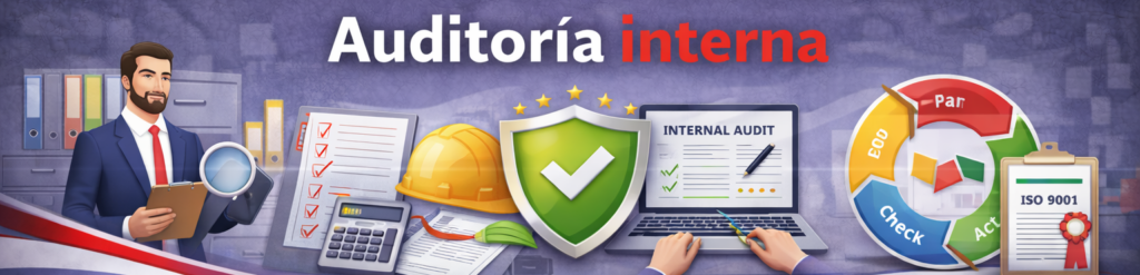 Ilustración sobre auditoría interna con un auditor, herramientas de control (casco, calculadora, checklist), un escudo de seguridad y la certificación ISO 9001 sobre un fondo de oficina.