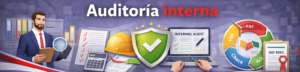 Ilustración sobre auditoría interna con un auditor, herramientas de control (casco, calculadora, checklist), un escudo de seguridad y la certificación ISO 9001 sobre un fondo de oficina.