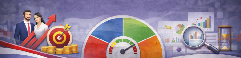 Ilustración conceptual de un Balanced Scorecard con sus cuatro perspectivas: Financiera, Clientes, Procesos Internos y Aprendizaje/Crecimiento, rodeada de gráficos empresariales.