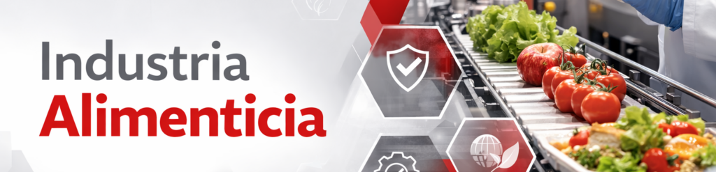 Imagen de una línea de producción de la industria alimentaria con tomates y lechugas, supervisada por un operario con guantes y tablet, junto a iconos de calidad y logística.