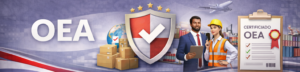 Ilustración sobre la certificación OEA con un escudo de seguridad, personal de logística, cajas de transporte y un certificado oficial con sello rojo.
