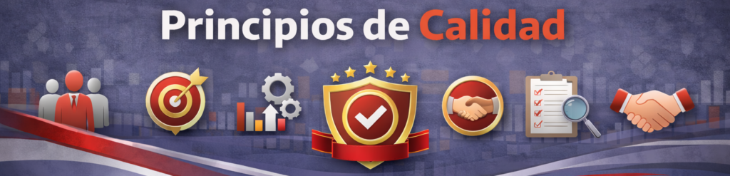 Imagen horizontal con el título "Principios de Calidad" acompañado de siete iconos que representan los conceptos de gestión de calidad sobre un fondo degradado azul y detalles con la bandera de España en la parte inferior.