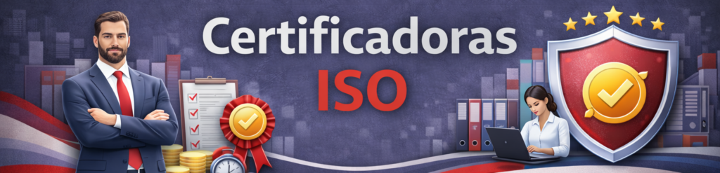 Banner corporativo sobre "Certificadoras ISO". A la izquierda, un ejecutivo con los brazos cruzados junto a pilas de monedas, un cronómetro y un portapapeles con una medalla. A la derecha, una profesional trabajando con un portátil frente a un gran escudo protector rojo con un check dorado y cinco estrellas.