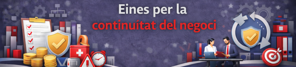 Bàner corporatiu titulat "Herramientas para la continuidad del negocio". A l'esquerra, icones de gestió de riscos: un porta-retalls amb marques de verificació, un escut daurat, monedes, una farmaciola, un rellotge i un senyal d'alerta. A la dreta, dos professionals treballant davant d'un escut protegit per fletxes circulars de procés i una diana.