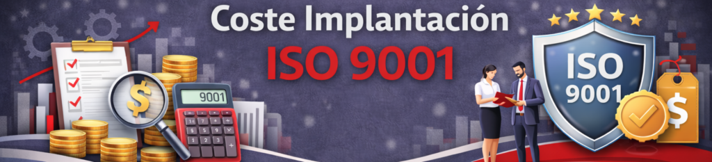 Banner corporativo titulado "Coste Implantación ISO 9001". A la izquierda, elementos financieros (monedas, calculadora con el número 9001 y una lupa sobre un portapapeles). En el centro, dos ejecutivos revisando documentos. A la derecha, un escudo de seguridad con el logo "ISO 9001" y una etiqueta de precio con el símbolo del dólar.