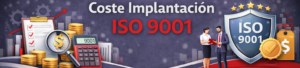 Banner corporativo titulado "Coste Implantación ISO 9001". A la izquierda, elementos financieros (monedas, calculadora con el número 9001 y una lupa sobre un portapapeles). En el centro, dos ejecutivos revisando documentos. A la derecha, un escudo de seguridad con el logo "ISO 9001" y una etiqueta de precio con el símbolo del dólar.