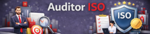 Banner corporativo con el título "Auditor ISO". A la izquierda, un ejecutivo de traje con los brazos cruzados junto a una diana y una lupa. A la derecha, una profesional trabajando con un portátil frente a un gran escudo protector con el logo "ISO", una lista de verificación con marcas rojas y una medalla dorada.