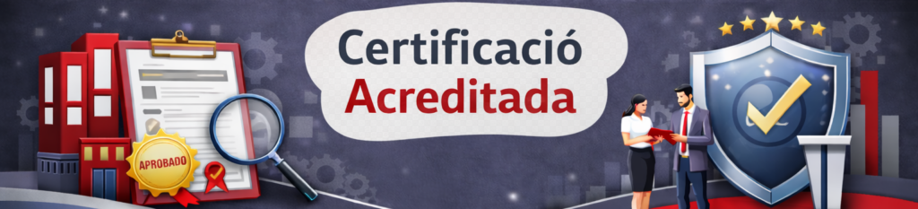 Bàner corporatiu sobre "Certificació Acreditada". A l'esquerra, un edifici industrial, un porta-retalls amb un document segellat com a "APROVAT" i una lupa. Al centre, dos executius conversant. A la dreta, un gran escut blau amb un tic daurat i cinc estrelles, al costat d'un faristol.