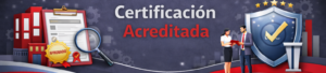 Banner corporativo sobre "Certificación Acreditada". A la izquierda, un edificio industrial, un portapapeles con un documento sellado como "APROBADO" y una lupa. En el centro, dos ejecutivos conversando. A la derecha, un gran escudo azul con un tic dorado y cinco estrellas, junto a un atril.