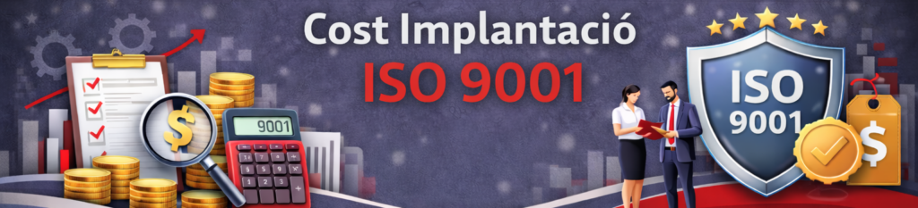 Bàner corporatiu titulat "Coste Implantación ISO 9001". A l'esquerra, elements financers (monedes, calculadora amb el número 9001 i una lupa sobre un porta-retalls). Al centre, dos executius revisant documents. A la dreta, un escut de seguretat amb el logotip "ISO 9001" i una etiqueta de preu amb el símbol del dòlar.