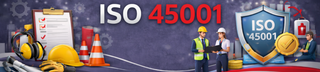 Bàner corporatiu sobre la norma ISO 45001. A l'esquerra, equip de protecció individual (casc, orelleres, guants, botes) al costat de plànols i un porta-retalls. Al centre, el títol "ISO 45001" i dos professionals revisant documents. A la dreta, un gran escut protector amb el segell ISO 45001 i una medalla daurada.