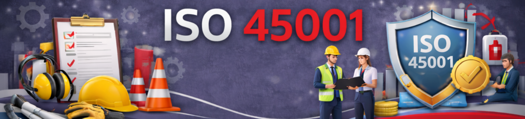 Banner corporativo sobre la norma ISO 45001. A la izquierda, equipo de protección individual (casco, orejeras, guantes, botas) junto a planos y un portapapeles. En el centro, el título "ISO 45001" y dos profesionales revisando documentos. A la derecha, un gran escudo protector con el sello ISO 45001 y una medalla dorada.