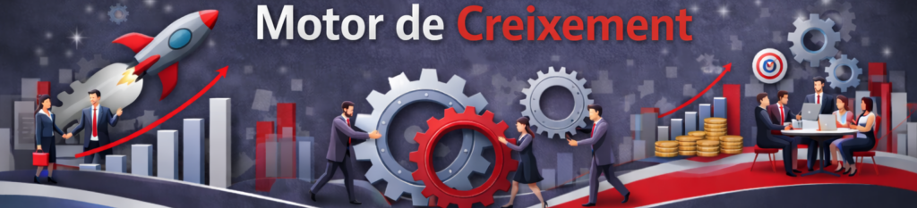 Bàner corporatiu amb el títol "Motor de Creixement ". A l'esquerra, un coet s'enlaira sobre gràfics de barres. Al centre, professionals mouen grans engranatges. A la dreta, un equip es reuneix al costat d'una diana i piles de monedes.