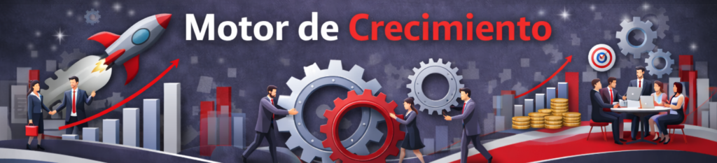 Banner corporativo con el título "Motor de Crecimiento". A la izquierda, un cohete despega sobre gráficos de barras. En el centro, profesionales mueven grandes engranajes. A la derecha, un equipo se reúne junto a una diana y pilas de monedas.