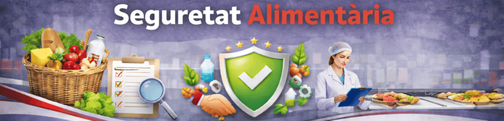 Bànner sobre seguretat alimentària que mostra una cistella de productes frescos, una llista de control amb lupa, un escut de protecció i una professional en una cuina industrial.