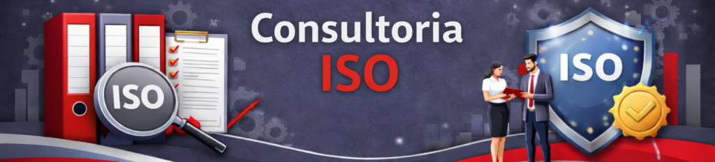 Bàner de "Consultoría ISO" amb icones de gestió documental a l'esquerra (arxivador, lupa i llista de verificació) i símbols d'èxit a la dreta (dos professionals, un escut protector ISO i una medalla daurada).