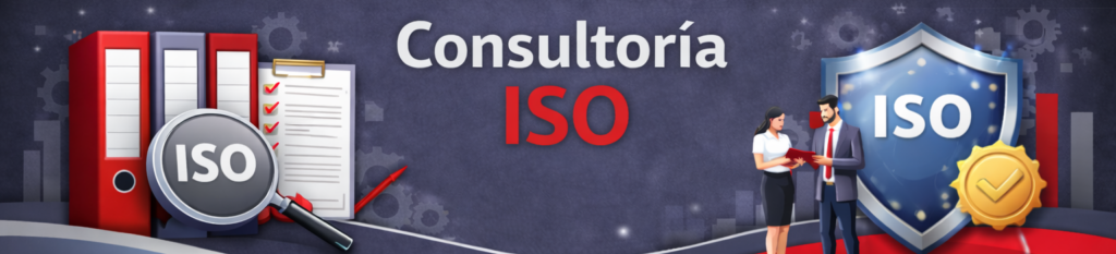 Banner de "Consultoría ISO" con iconos de gestión documental a la izquierda (archivador, lupa y lista de verificación) y símbolos de éxito a la derecha (dos profesionales, un escudo protector ISO y una medalla dorada).