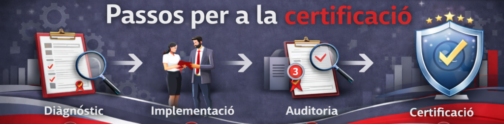 Infografia titulada "Pasos para la certificación" que mostra quatre etapes: Diagnòstic (porta-retalls i lupa), Implementació (dos executius col·laborant), Auditoria (document amb segell vermell revisat per lupa) i Certificació (un escut protector amb un tiquet blau i cinc estrelles).