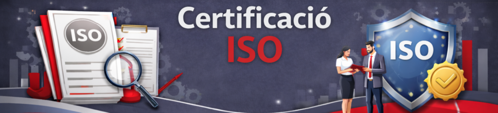 Bàner corporatiu amb el títol "Certificación ISO". A l'esquerra, una pila de documents amb el segell ISO sota una lupa i un porta-retalls. A la dreta, dos executius al costat d'un escut protector amb les sigles ISO i un segell de garantia daurat.