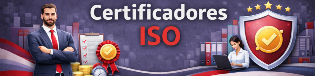 Bàner corporatiu sobre "Certificadoras ISO". A l'esquerra, un executiu amb els braços creuats al costat de piles de monedes, un cronòmetre i un porta-retalls amb una medalla. A la dreta, una professional treballant amb un portàtil davant d'un gran escut protector vermell amb un tiquet daurat i cinc estrelles.