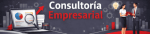 Banner corporativo con el título "Consultoría Empresarial". A la izquierda, un portátil con gráficos, una lupa y una calculadora. A la derecha, dos profesionales (un hombre y una mujer) conversando bajo una bombilla encendida que simboliza una idea.