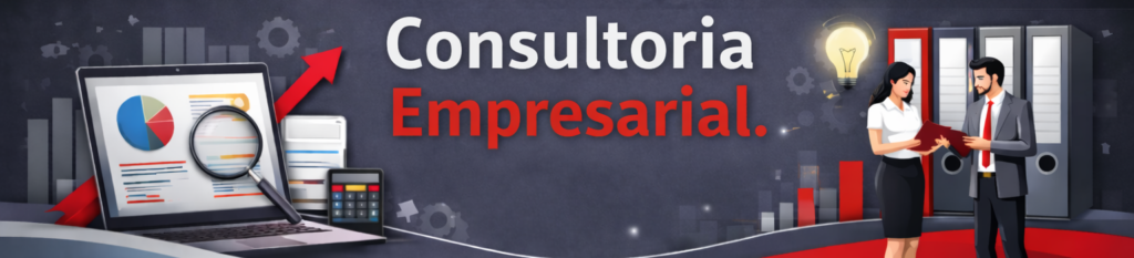 Bàner corporatiu amb el títol "Consultoría Empresarial". A l'esquerra, un portàtil amb gràfics, una lupa i una calculadora. A la dreta, dos professionals (un home i una dona) conversant sota una bombeta encesa que simbolitza una idea.