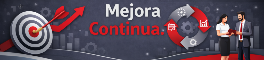 Banner corporativo con el título "Mejora Continua". A la izquierda, una diana con una flecha roja ascendente. A la derecha, un hombre y una mujer de negocios analizando documentos junto a un diagrama circular de engranajes y métricas.