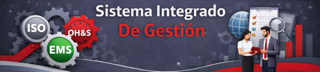 Banner corporativo sobre "Sistema Integrado De Gestión". A la izquierda, tres engranajes conectados con las siglas ISO, OH&S y EMS. A la derecha, dos profesionales de negocios junto a iconos de un globo terráqueo, un portapapeles con marcas de verificación y una lupa sobre gráficos.