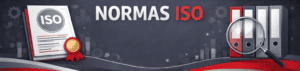 Banner corporativo con fondo gris oscuro y ondas rojas donde se lee "NORMAS ISO". A la izquierda aparece un manual con el sello ISO y una medalla dorada; a la derecha, una hilera de archivadores de oficina observados a través de una lupa.