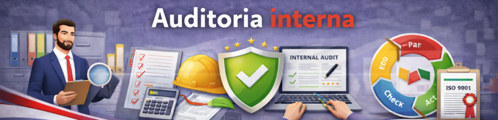 Il·lustració sobre auditoria interna amb un auditor, eines de control (casc, calculadora, checklist), un escut de seguretat i la certificació ISO 9001 sobre un fons d'oficina.