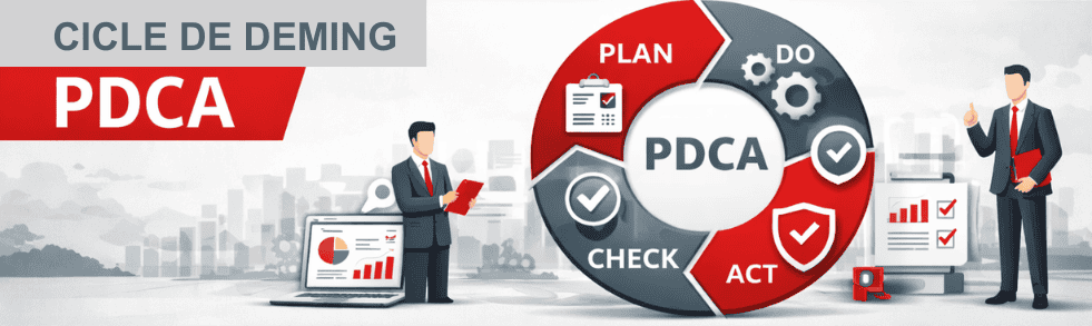 Il·lustració corporativa del «Cicle de Deming PDCA» que mostra un gràfic circular amb les etapes Planificar, Fer, Verificar i Actuar, juntament amb professionals analitzant dades i gràfics de rendiment.