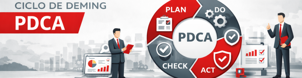 Ilustración corporativa del "Ciclo de Deming PDCA" que muestra un gráfico circular con las etapas Planear, Hacer, Verificar y Actuar, junto a profesionales analizando datos y gráficos de rendimiento.