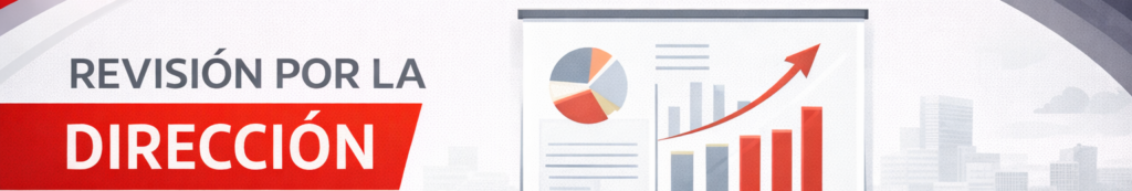 Ilustración de tres ejecutivos en una oficina moderna manteniendo una reunión frente a una pantalla con gráficos de crecimiento. En la esquina superior izquierda destaca el texto "REVISIÓN POR LA DIRECCIÓN".