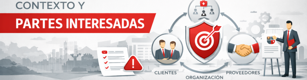 Ilustración corporativa sobre "Contexto y Partes Interesadas" que muestra un ecosistema empresarial con clientes, proveedores y la organización centralizada en un objetivo, junto a iconos de riesgo y cumplimiento.