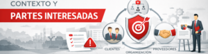 Ilustración corporativa sobre "Contexto y Partes Interesadas" que muestra un ecosistema empresarial con clientes, proveedores y la organización centralizada en un objetivo, junto a iconos de riesgo y cumplimiento.