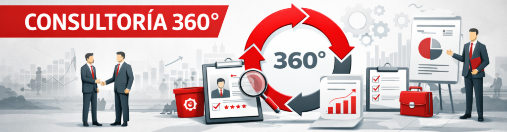 Ilustración conceptual de "Consultoría 360°" que muestra un ciclo de mejora continua, dos empresarios dándose la mano, análisis de datos, listas de verificación y un consultor presentando gráficos financieros.