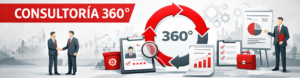 Ilustración conceptual de "Consultoría 360°" que muestra un ciclo de mejora continua, dos empresarios dándose la mano, análisis de datos, listas de verificación y un consultor presentando gráficos financieros.
