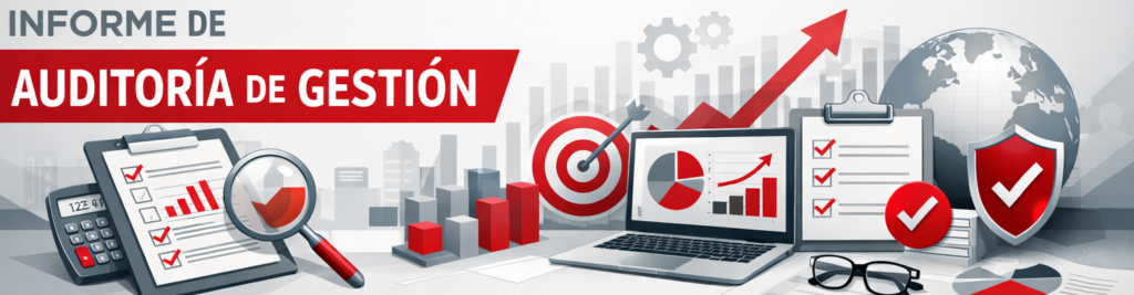 Ilustración digital sobre "Informe de Auditoría de Gestión" con gráficos financieros, una computadora portátil, lupas, listas de verificación y un globo terráqueo en tonos rojos, grises y blancos.