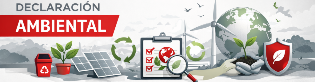 Ilustración conceptual sobre "Declaración Ambiental" que muestra una serie de iconos ecológicos como paneles solares, aerogeneradores, una lista de verificación con una lupa y manos sosteniendo una planta frente a un globo terráqueo.