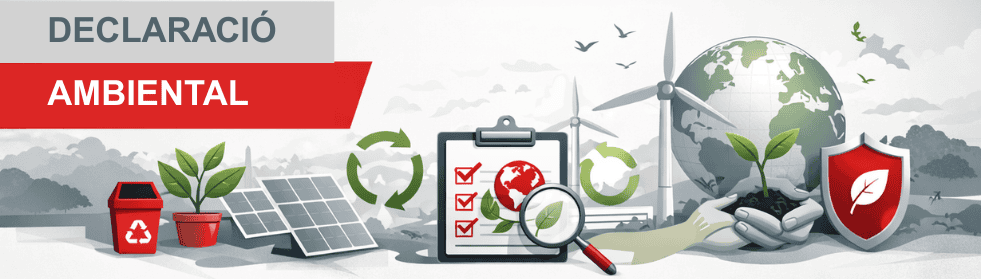 Il·lustració conceptual sobre «Declaració Ambiental» que mostra una sèrie d'icones ecològiques com panells solars, aerogeneradors, una llista de verificació amb una lupa i mans sostenint una planta davant d'un globus terraqüi.