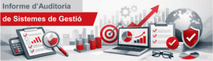 Il·lustració digital sobre «Informe d'Auditoria de Gestió» amb gràfics financers, un ordinador portàtil, lupes, llistes de verificació i un globus terraqüi en tons vermells, grisos i blancs.