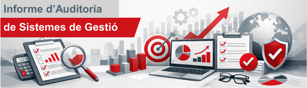 Il·lustració digital sobre «Informe d'Auditoria de Gestió» amb gràfics financers, un ordinador portàtil, lupes, llistes de verificació i un globus terraqüi en tons vermells, grisos i blancs.