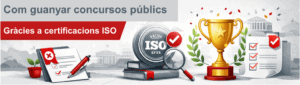 Il·lustració corporativa sobre l'èxit en licitacions, que mostra la transició de documents rebutjats a un trofeu d'or mitjançant un segell de certificació ISO.