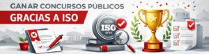 Ilustración corporativa sobre el éxito en licitaciones, mostrando la transición de documentos rechazados a un trofeo de oro mediante un sello de certificación ISO.