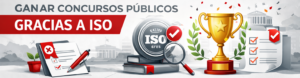 Ilustración corporativa sobre el éxito en licitaciones, mostrando la transición de documentos rechazados a un trofeo de oro mediante un sello de certificación ISO.