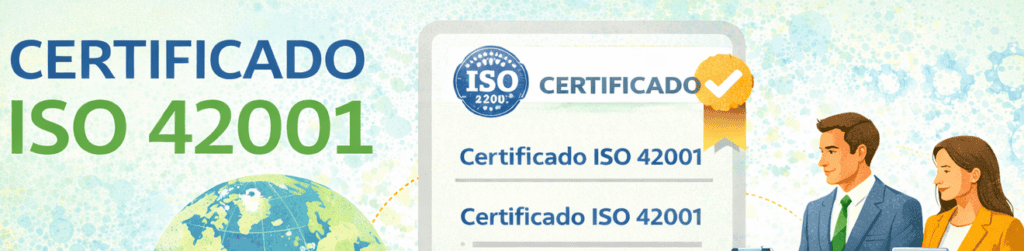 Ilustración horizontal del certificado ISO 42001 con globo terráqueo, documento oficial y profesionales revisando la certificación.