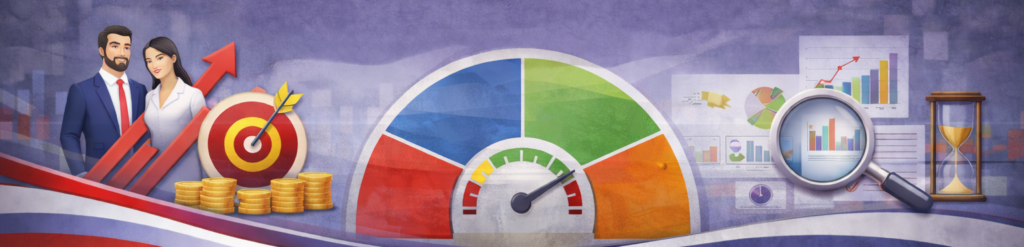 Il·lustració conceptual d'un Balanced Scorecard amb les seves quatre perspectives: Financera, Clients, Processos Interns i Aprenentatge/Creixement, envoltada de gràfics empresarials.