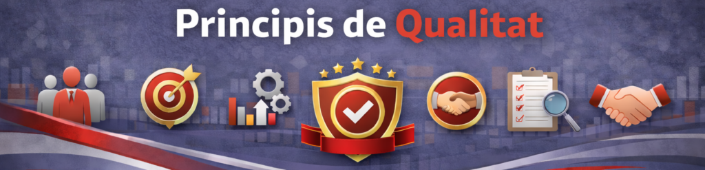 Imatge horitzontal amb el títol "Principios de Calidad" acompanyat de set icones que representen els conceptes de gestió de qualitat sobre un fons degradat blau i detalls amb la bandera d'Espanya a la part inferior.
