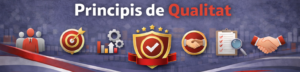 Imatge horitzontal amb el títol "Principios de Calidad" acompanyat de set icones que representen els conceptes de gestió de qualitat sobre un fons degradat blau i detalls amb la bandera d'Espanya a la part inferior.